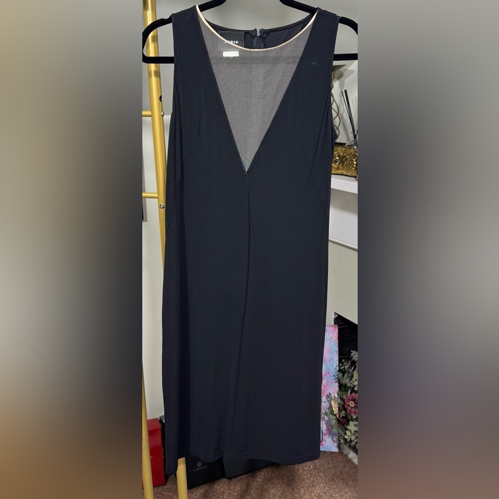 NWOT Vintage Akris Black Midi Tan Mesh Deep V Neck Shift Dress Classic Cut